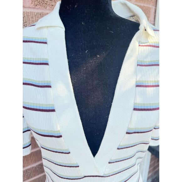 Free People Striped Ribbed V-Neck Polo Shirt With Short Sleeves.Size Small - Picture 2 of 14